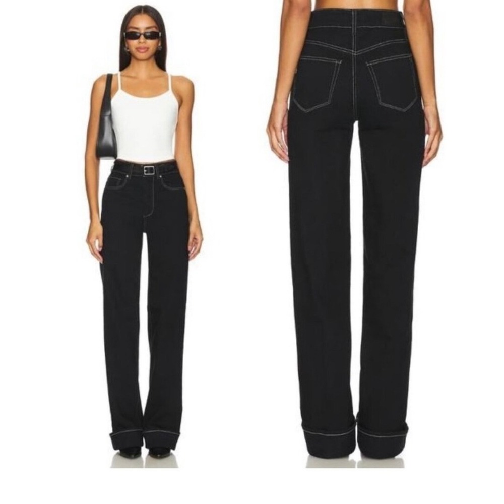 PAIGE Sasha Black Jeans Size 28 White Contrast Stitch Wide Leg Cuffed Hem